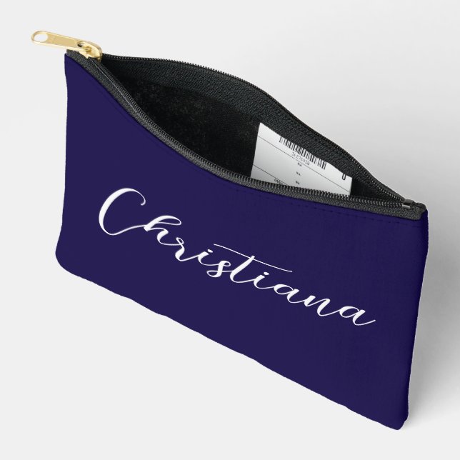 Personalised Elegant Script Typography Navy Blue Accessory Pouch (Open)