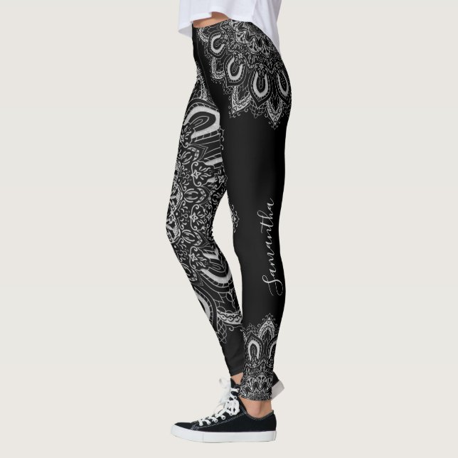Personalised Elegant Silver Mandala Print Black Leggings (Left)