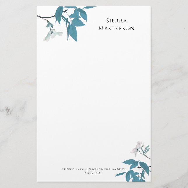 Personalised Elegant Spring Blossoms White Teal Stationery (Front)