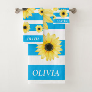 Personalised Elegant Sunfllower blue and white Bath Towel Set