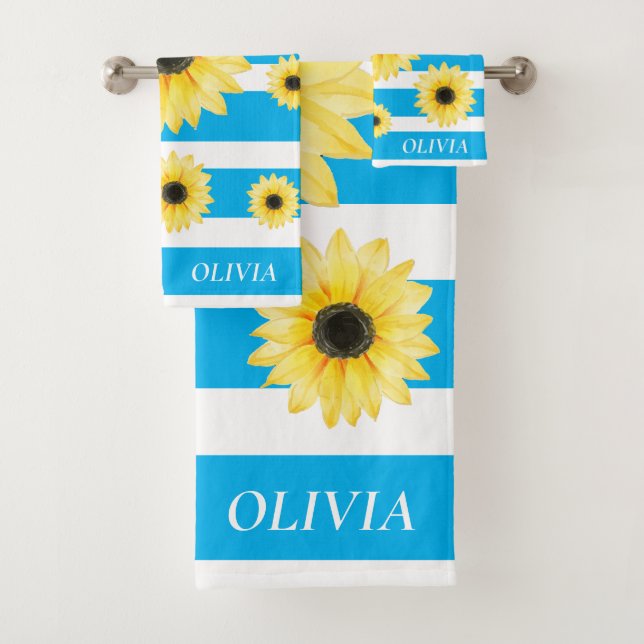 Personalised Elegant Sunfllower blue and white Bath Towel Set (Insitu)