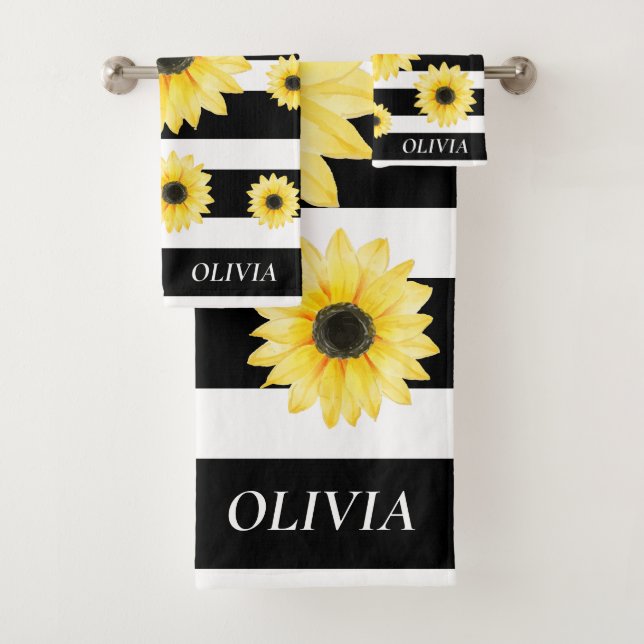 Personalised Elegant Sunfllower on Black and White Bath Towel Set (Insitu)