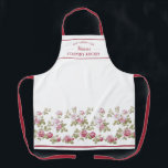 Personalised Elegant Vintage Pink Rose Border Apron<br><div class="desc">Lovely and elegant floral design featuring a garland border of vintage pink roses and green foliage on a clean white background. Includes coordinating line elements and three editable text fields in an editable rectangle element. Strap colour is customisable.</div>