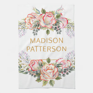 Personalised Elegant Watercolor Floral Girly Chic Tea Towel