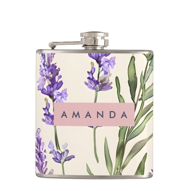 Personalised Elegant Watercolor Lavender  Hip Flask (Front)