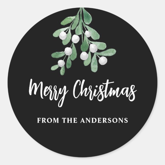 Personalised Elegant Watercolor Mistletoe Black Classic Round Sticker (Front)