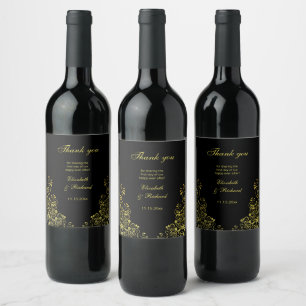 Personalised Elegant Wedding Black Gold Thank You Wine Label