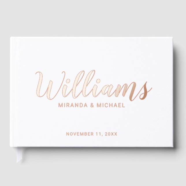 Personalised Elegant White and Rose Gold Wedding Guest Book (Front)