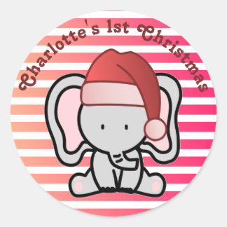 Personalised Elephant 1st Christmas Baby Girl  Classic Round Sticker