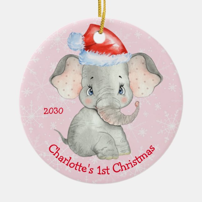 Personalised Elephant 1st Christmas Baby Girl Pink Ceramic Ornament (Front)