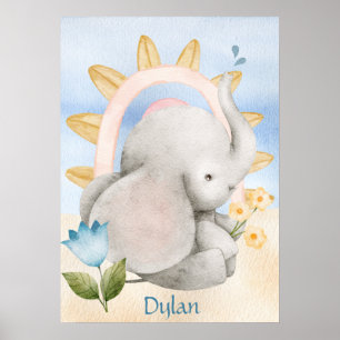 Personalised Elephant, Baby Animals, Boho, Rainbow Poster