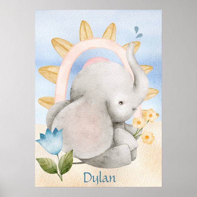 Personalised Elephant, Baby Animals, Boho, Rainbow Poster (Front)