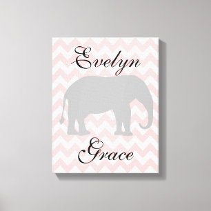 Personalised Elephant Chevron Baby Girl Nursery Canvas Print
