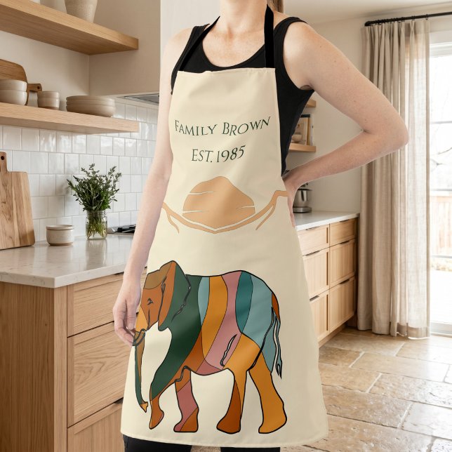 Personalised Elephant Family Kitchen Apron (Custom Family Name Elephant Boho Mid Century Gift Apron)