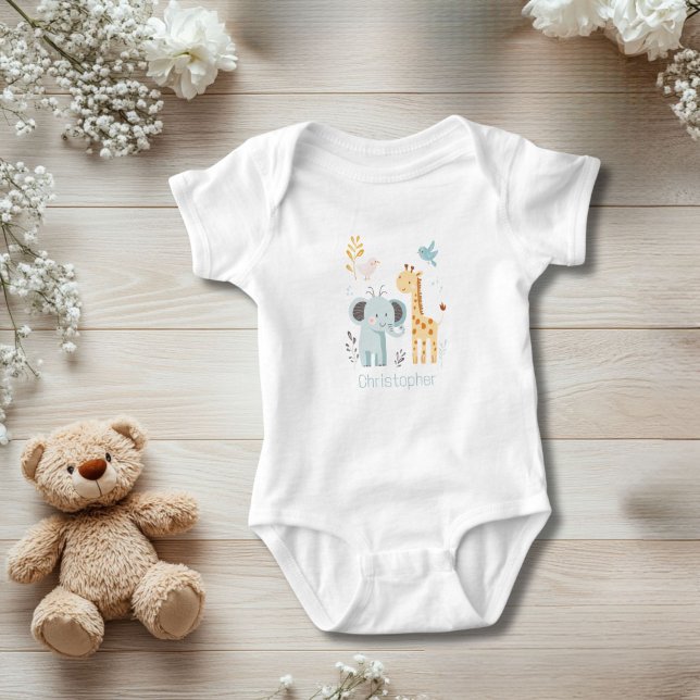 Personalised Elephant Giraffe Bird Animals Boy Baby Bodysuit (Elephant Giraffe Bird Personalized Baby Body Suit for baby boy. Baby shower gift)