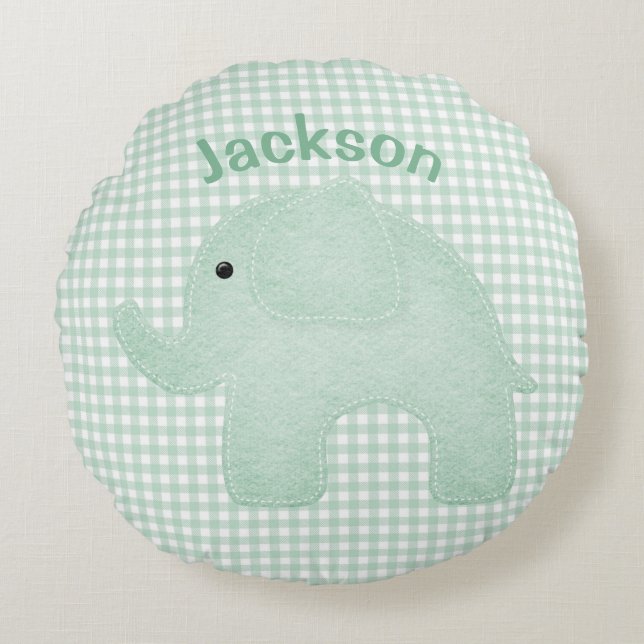 Personalised Elephant Green Plaid Gingham Nursery Round Cushion (Front)