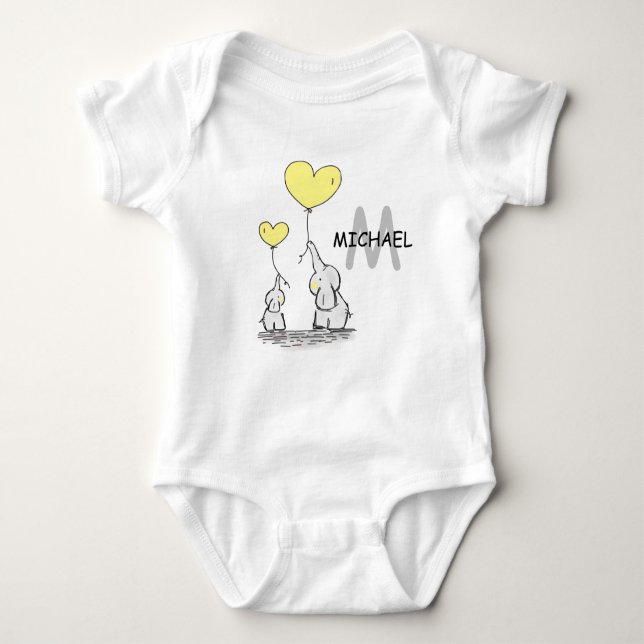 Personalised Elephant Grey Yellow Black Balloons Baby Bodysuit (Front)