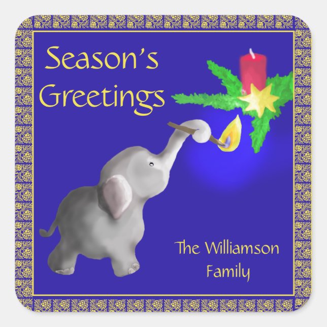 Personalised Elephant Lights a Candle Christmas Square Sticker (Front)