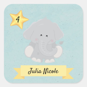 Personalised Elephant Name Age Square Sticker
