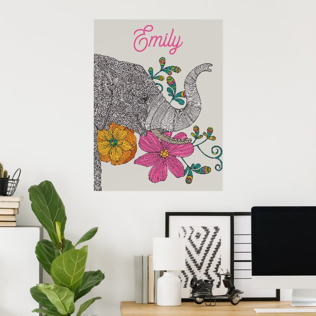 Personalised Elephant Name Kids Room Poster (Home Office)