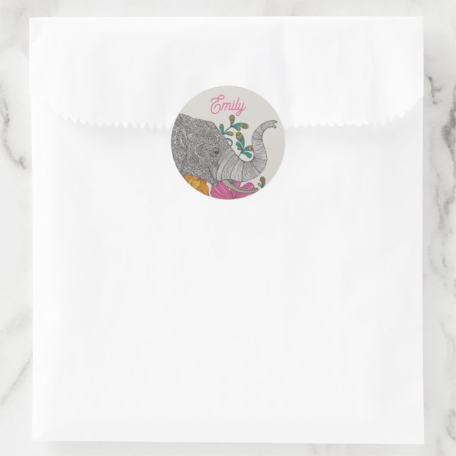 Personalised Elephant Name Round Sticker (Bag)