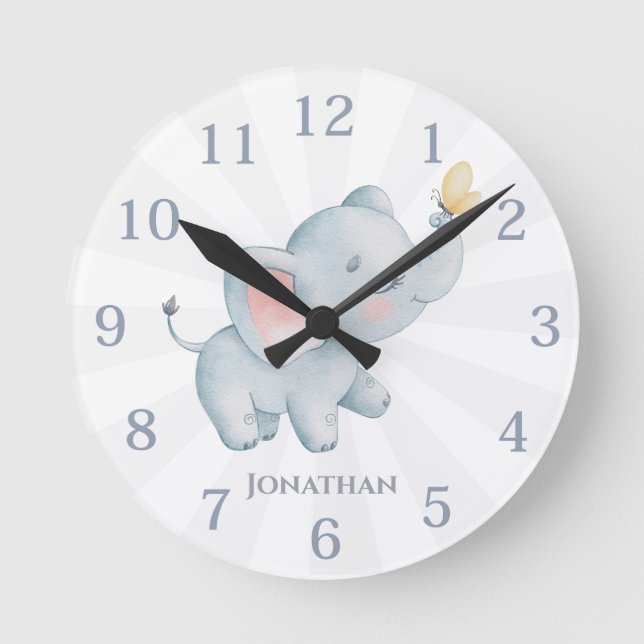 Personalised Elephant Nursery Room Round Clock (Front)