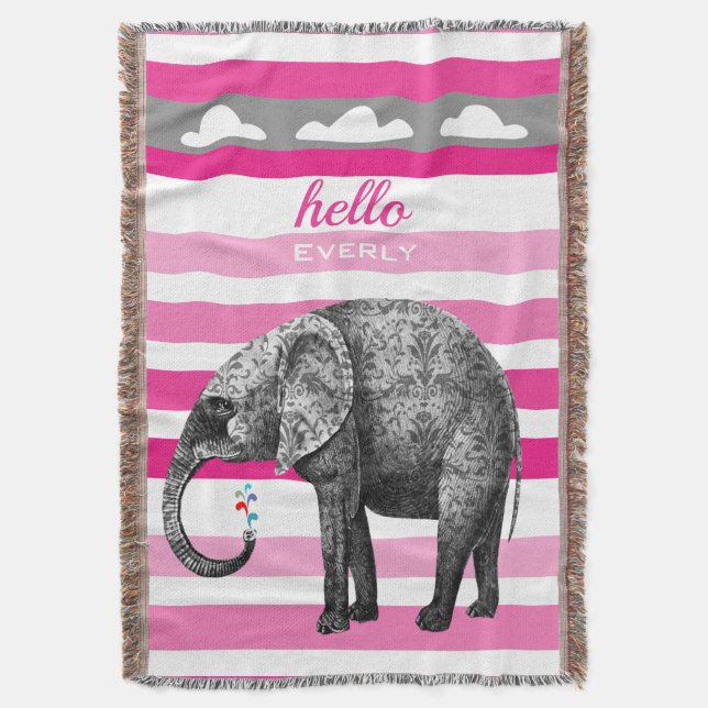Personalised Elephant Pink Striped Clouds Throw Blanket (Front Vertical)