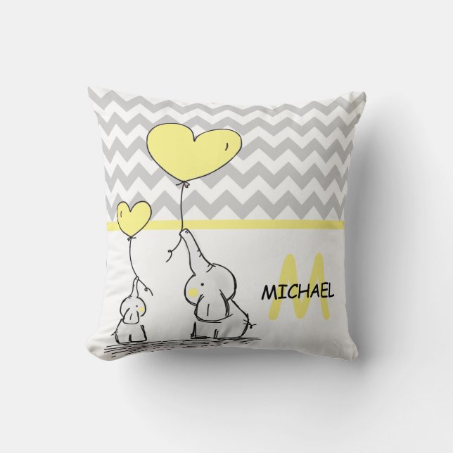 Personalised Elephant Yellow Grey Chevron Nursery Cushion (Front)