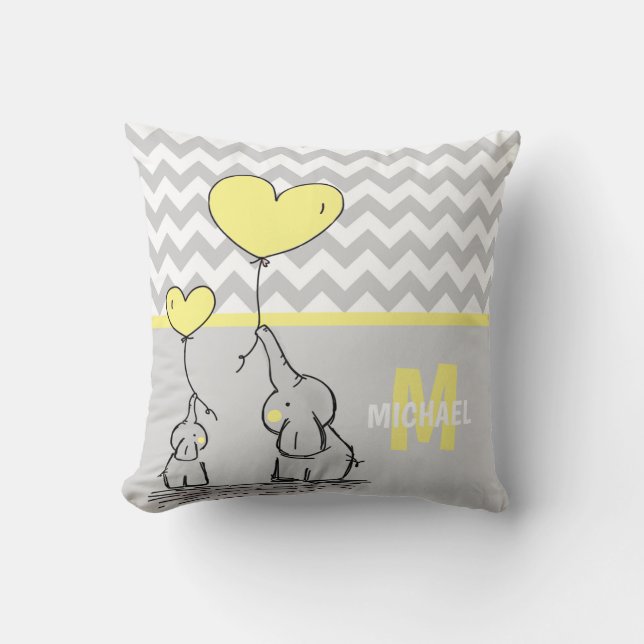 Personalised Elephant Yellow Grey Chevron Nursery Cushion (Front)