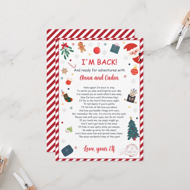 Personalised Elf Arrival "I'm Back" Welcome Letter Invitation (Front/Back In Situ)