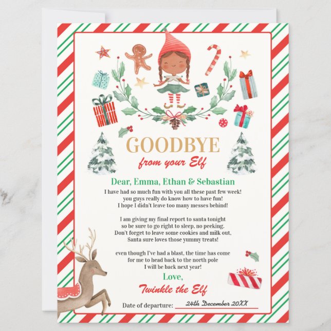 Personalised Elf Goodbye Letter Elf Holiday Card (Front)