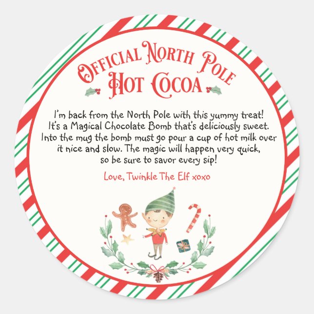 Personalised Elf Hot Chocolate Bomb Arrival Gift Classic Round Sticker (Front)