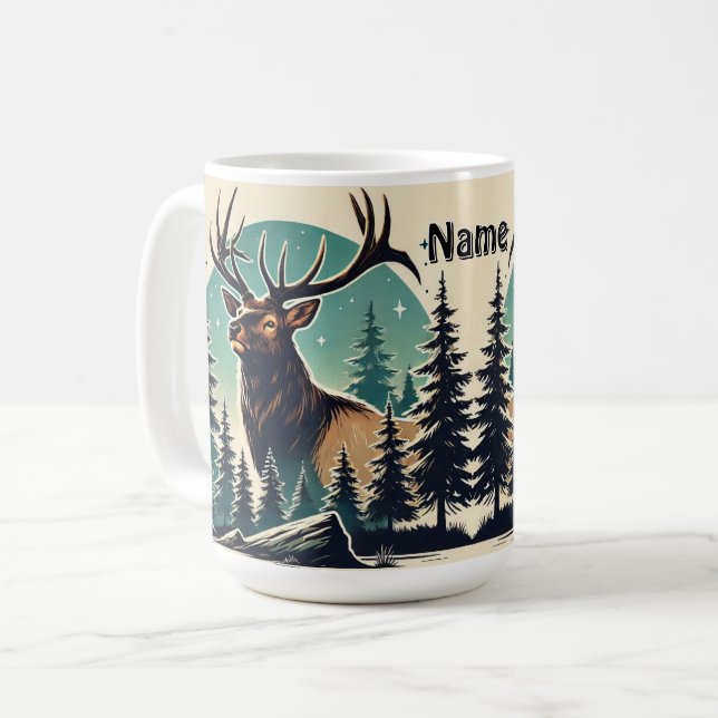 Personalised Elk in Forest with Starry Night Sky Coffee Mug (Front Left)