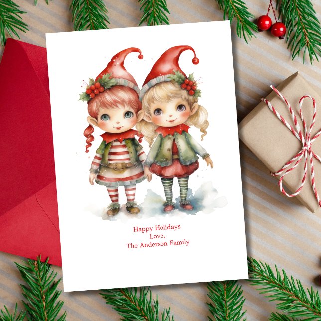 Personalised Elves Elf Holiday Christmas Card (Christmas Elves on this holiday card. Two cute elves. Printed or Digital Instant download)