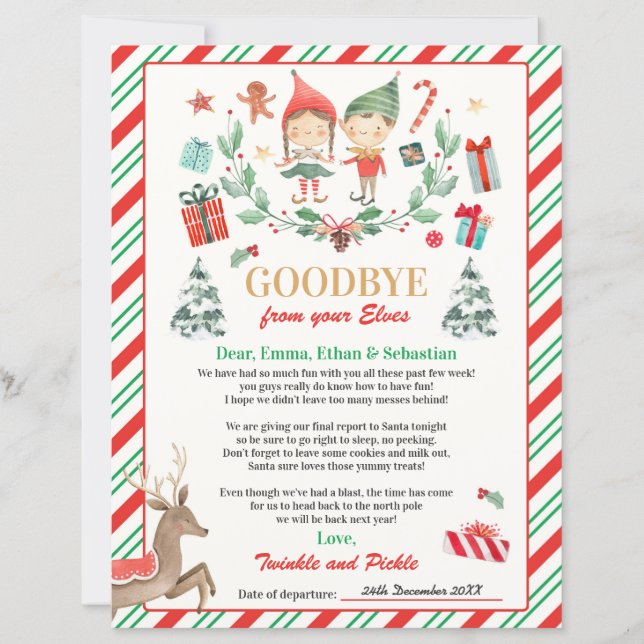 Personalised Elves Goodbye Letter Elf Holiday Card (Front)
