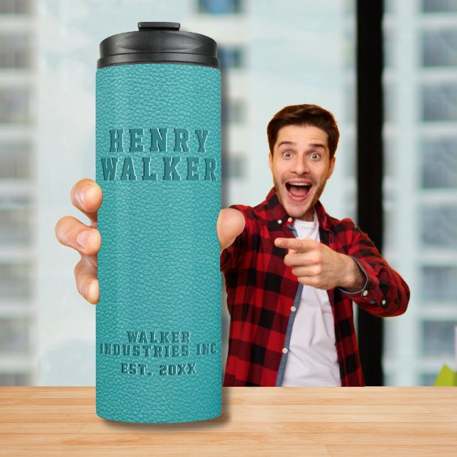 Personalised Embossed Teal Turquoise Vegan Leather Thermal Tumbler (Creator Uploaded)