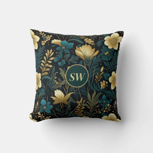 Personalised Emerald Gold Floral Cushion (Front)