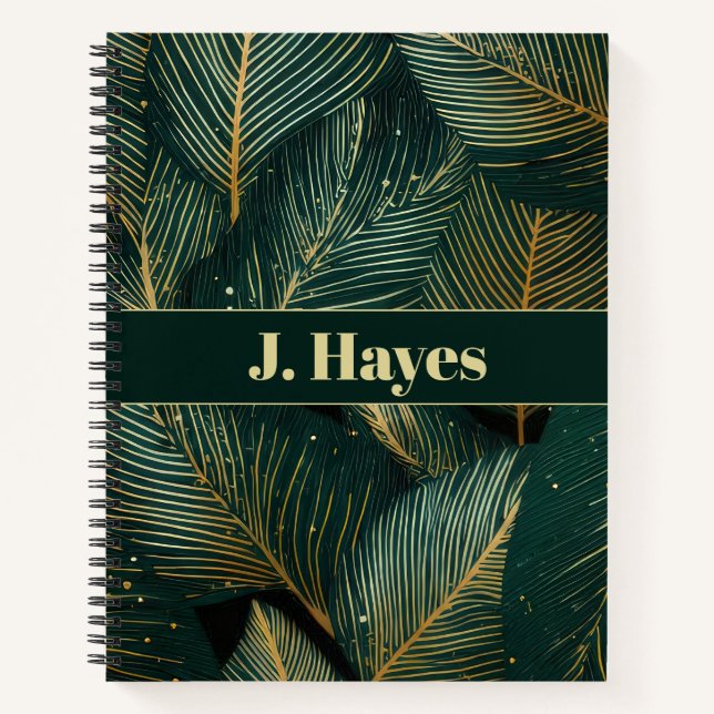 Personalised Emerald & Gold Tropical Leaf Notebook (Front)