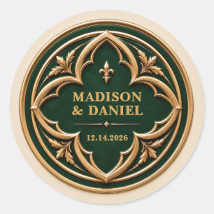 Personalised Emerald Green and Gold Wedding Classic Round Sticker