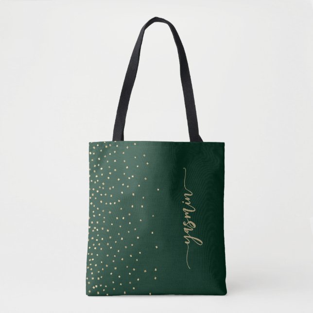 Personalised Emerald Green Gold Square Confetti Tote Bag (Front)