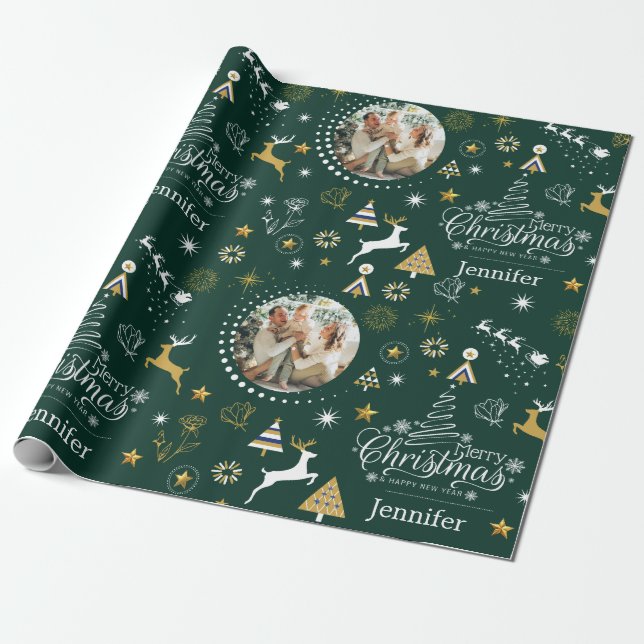Personalised Emerald Green Merry Christmas gift Wrapping Paper (Unrolled)