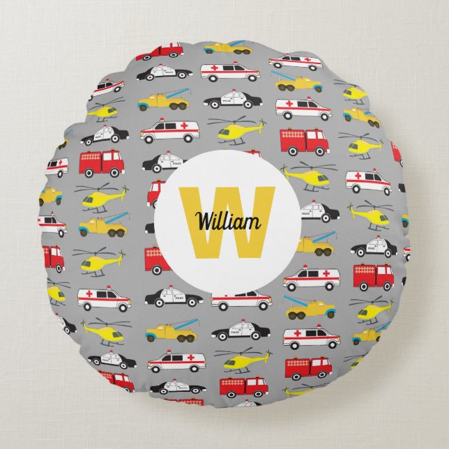 Personalised Emergency Vehicles Transportation Round Cushion (Front)
