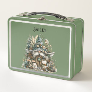 Personalised Enchanted Forest Gnome Green Metal Lunch Box
