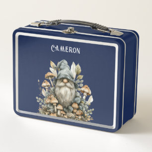 Personalised Enchanted Forest Gnome Navy Blue Metal Lunch Box