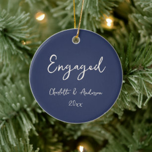 Personalised Engaged Couple Handwritten Navy Blue Ceramic Ornament