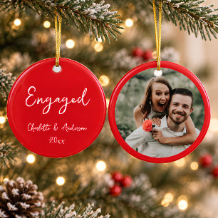 Personalised Engaged Couple Handwritten Red Photo Ceramic Ornament