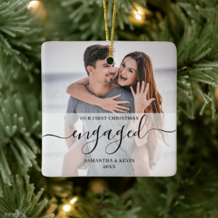Personalised Engaged Couple Photo Names Trees Ceramic Ornament