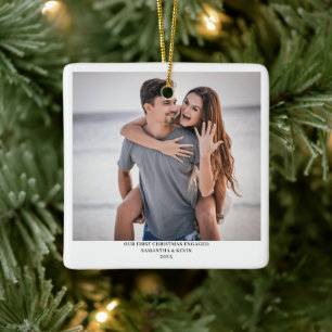 Personalised Engaged Couple Photo Names Trees Ceramic Ornament