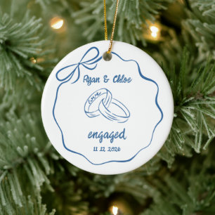 Personalised Engaged Couple Ring Bow Ceramic Ornament