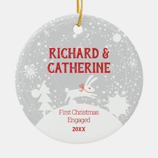 Personalised Engagement 1st Christmas Engaged Cute Ceramic Ornament (Front)